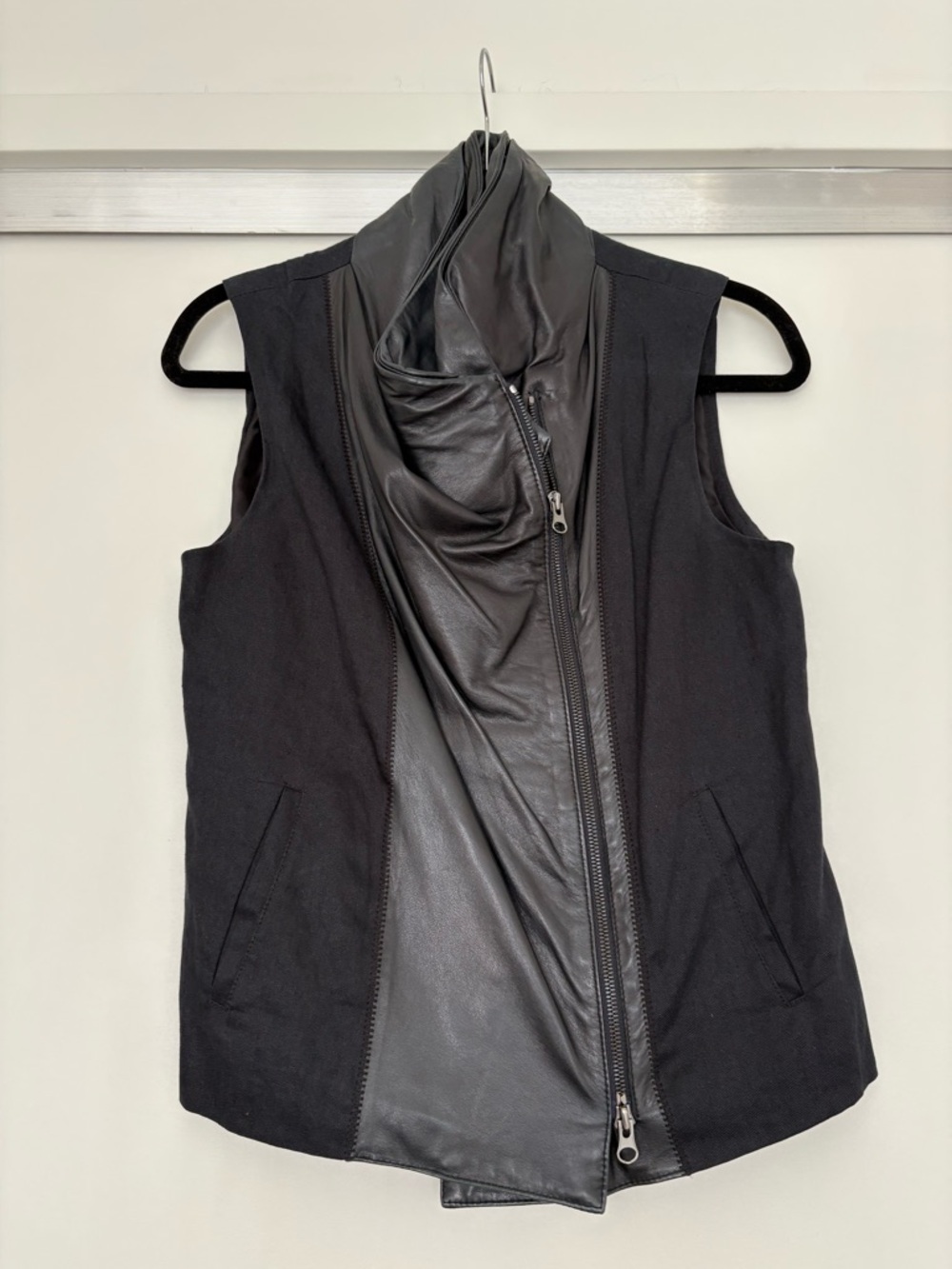 Vince Black Leather-Front Sleeveless Vest